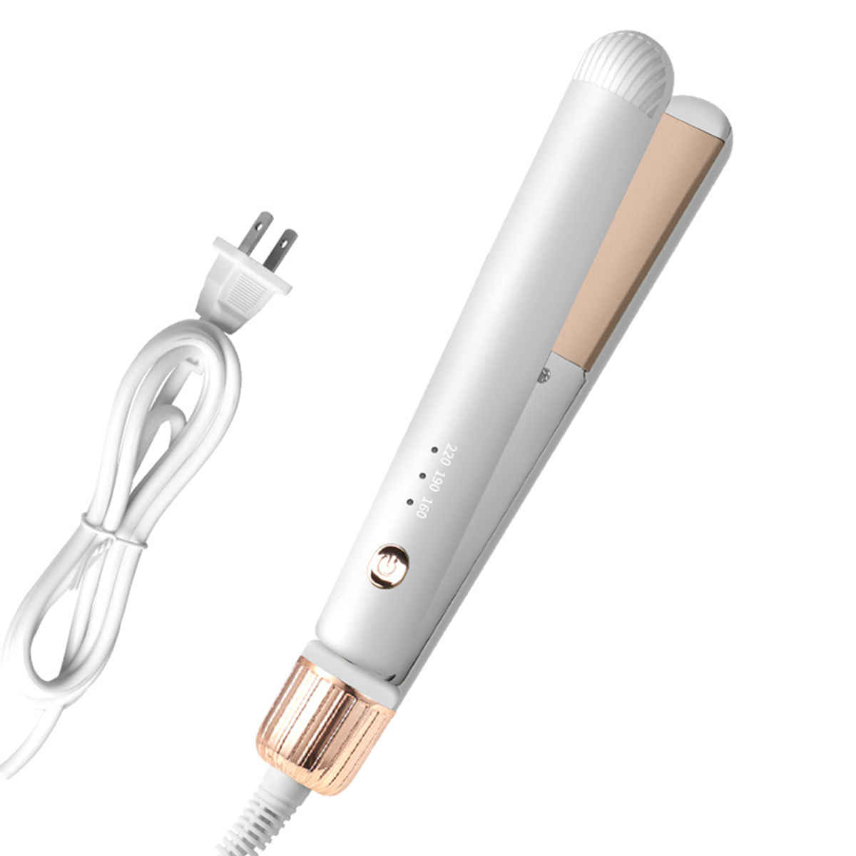 Ein weißes und goldenes Glätteisen mit weißem Kabel und Stecker. Das Glätteisen hat Temperatureinstellungen.
