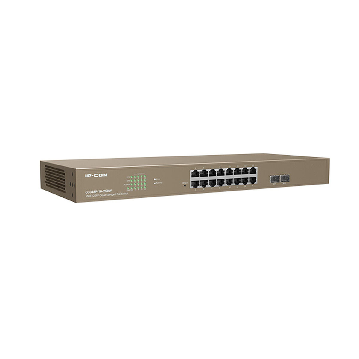 Un switch de red IP-COM beige con múltiples puertos y luces indicadoras.