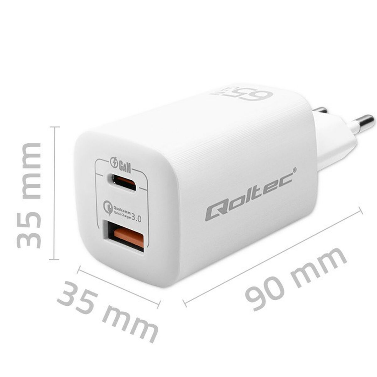 Biała ładowarka Roltec z portami USB-C i USB-A, o wymiarach 35 mm i 90 mm.