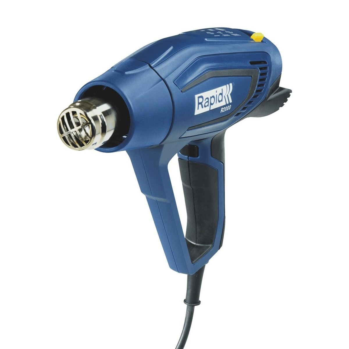 Blaue Heißluftpistole mit schwarzem Griff und Netzkabel auf weißem Hintergrund.