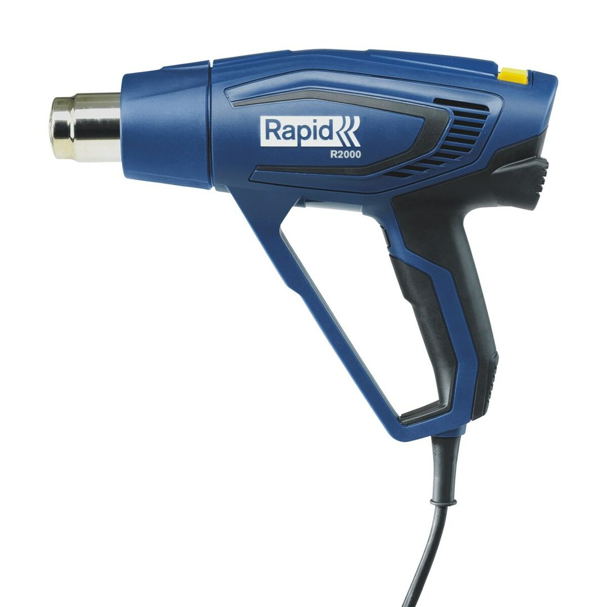 Eine blaue Heißluftpistole mit der Marke "Rapid" auf weißem Hintergrund.