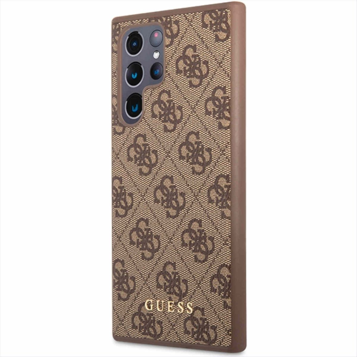 Custodia per telefono Guess marrone con motivo logo su superficie bianca.