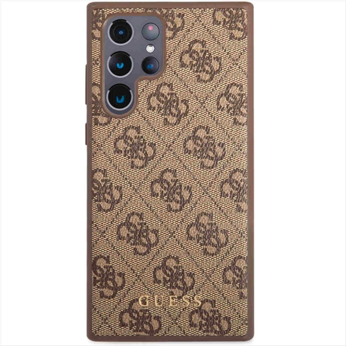 Una custodia per telefono con un design marrone a fantasia. La custodia ha un ritaglio per la fotocamera.