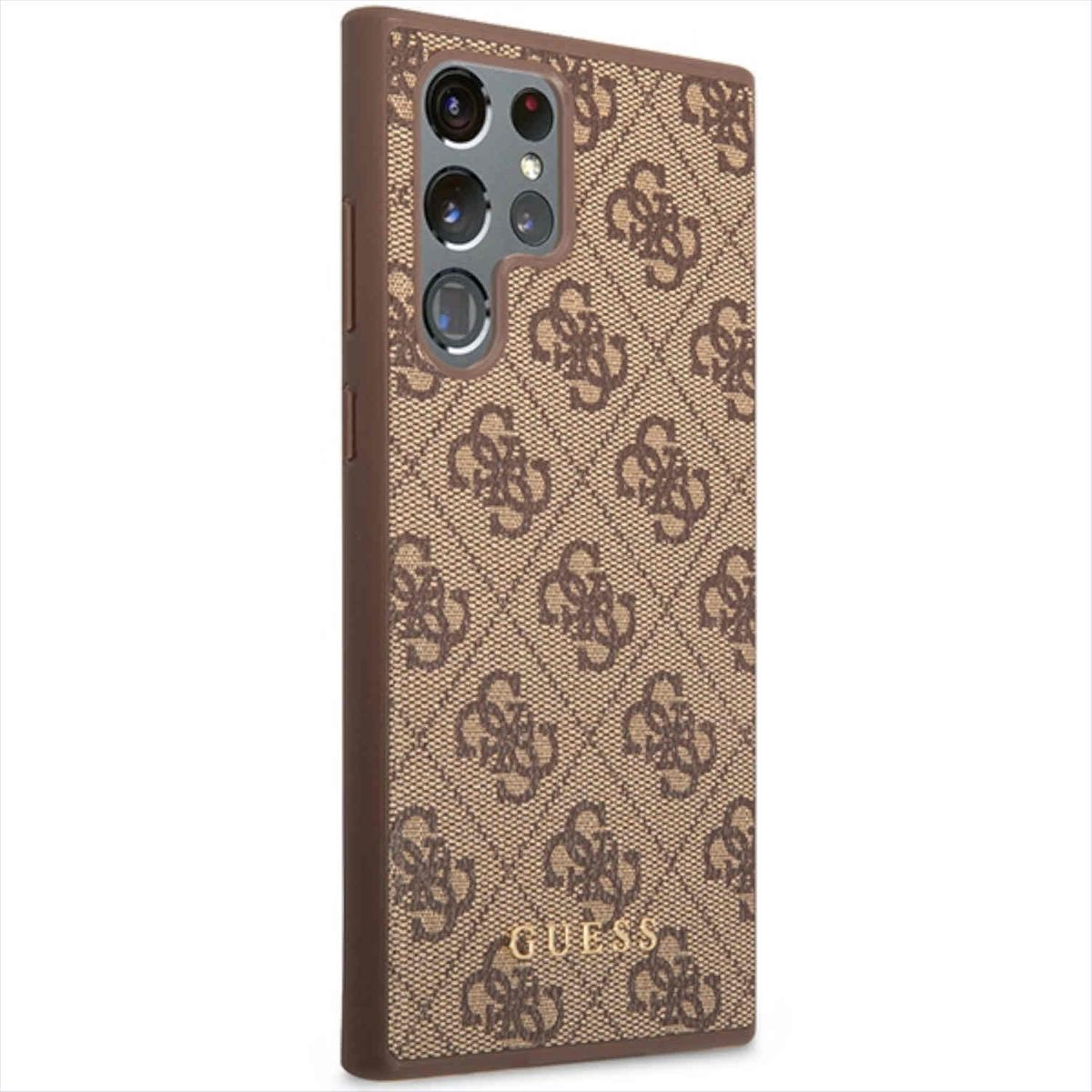 Una custodia per telefono marrone con un motivo logo ripetuto, con la scritta 'GUESS' in basso.