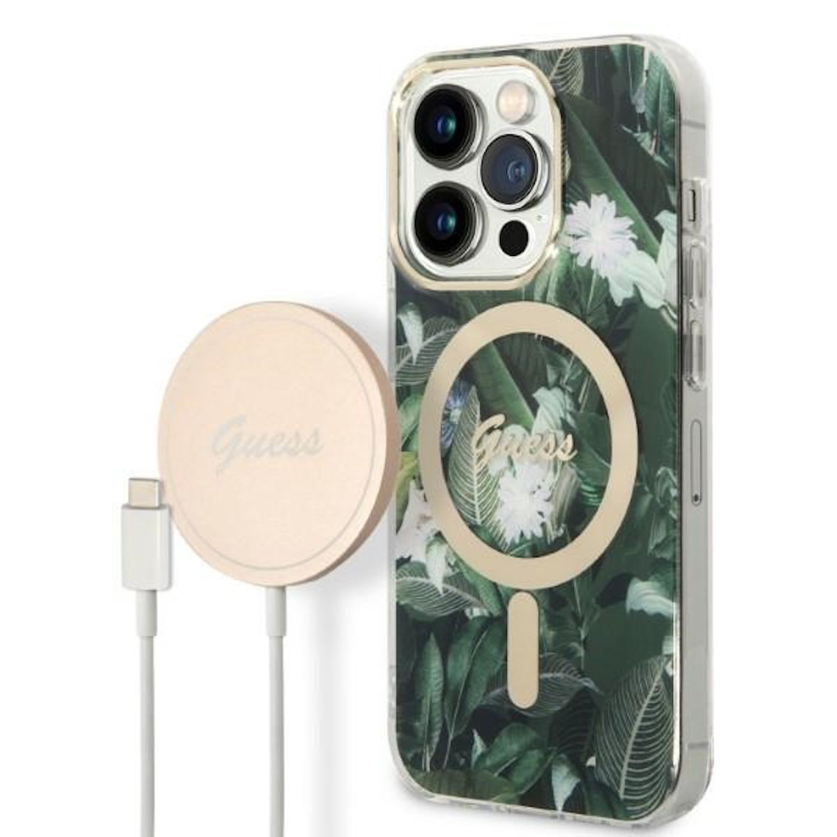 Custodia telefono con design floreale, caricatore e base di ricarica.
