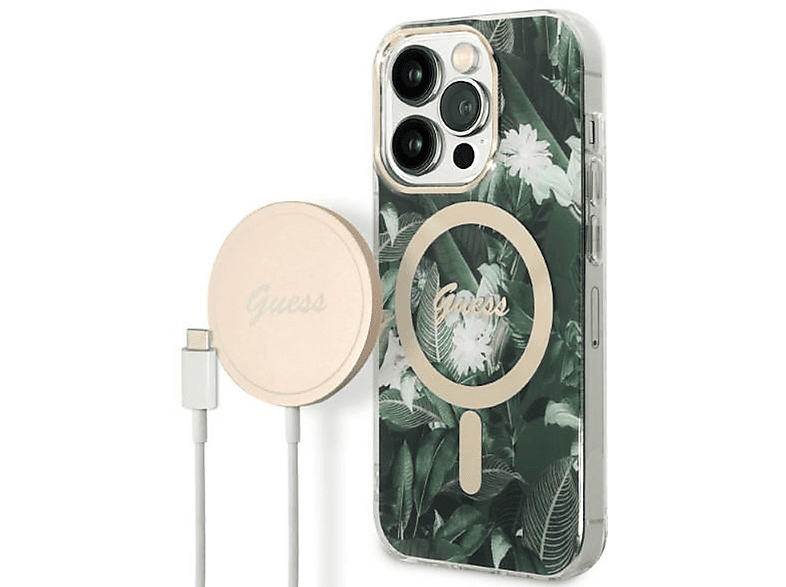 GUESS Jungle MagSafe Design Hülle, Backcover, Apple, iPhone 14 Pro, Grün