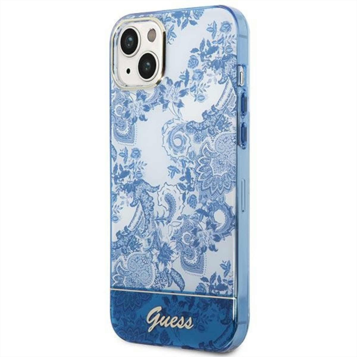 Una custodia per iPhone Guess con un design floreale blu e bianco. La custodia ha un logo Guess.