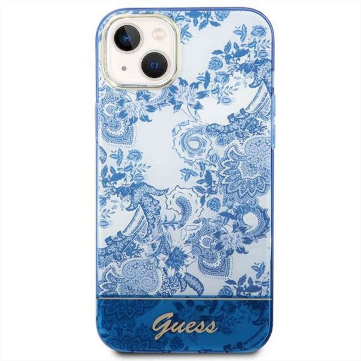 Una custodia per telefono Guess floreale blu e bianca. Il logo Guess è in basso.