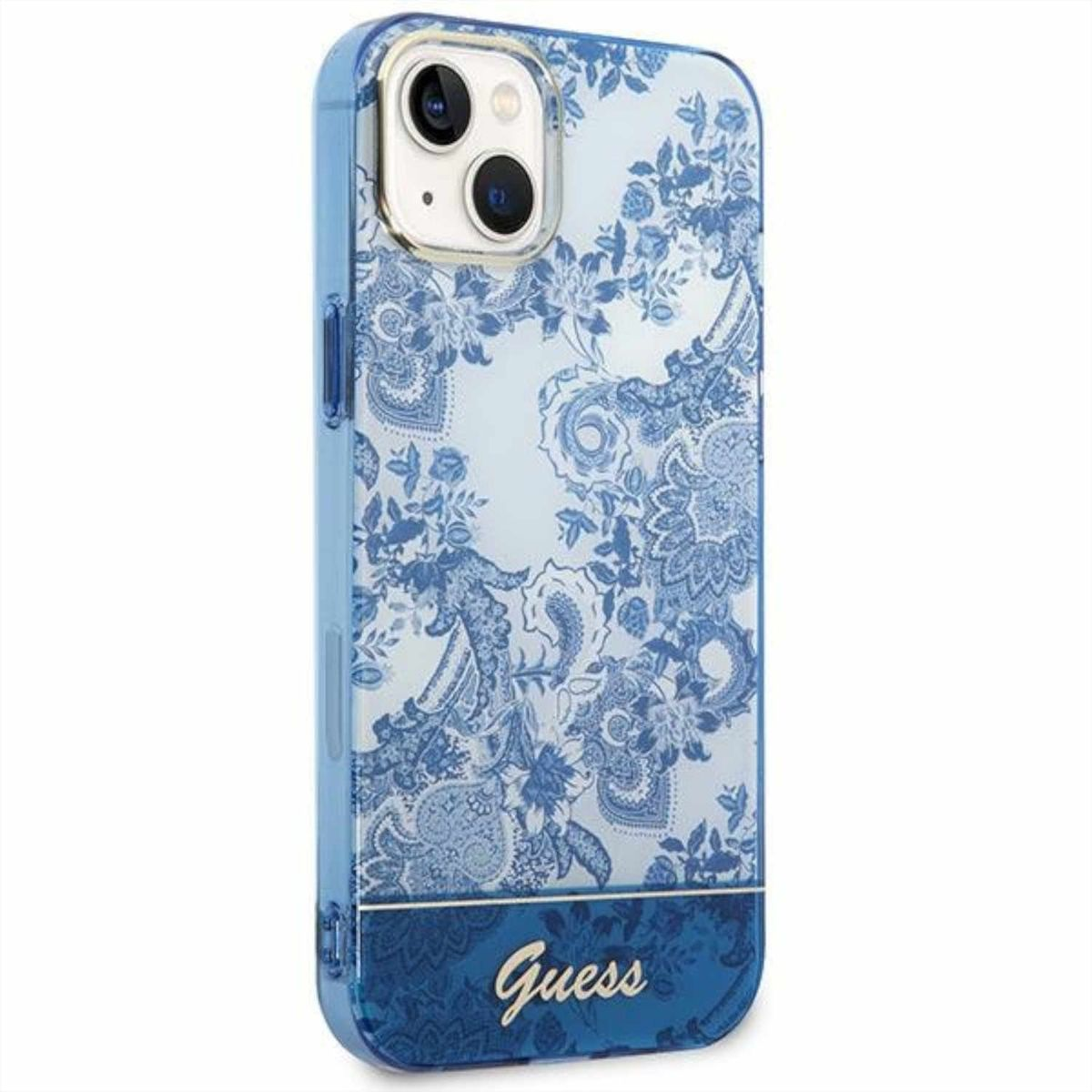 Una custodia per telefono blu a fantasia floreale con il logo Guess.