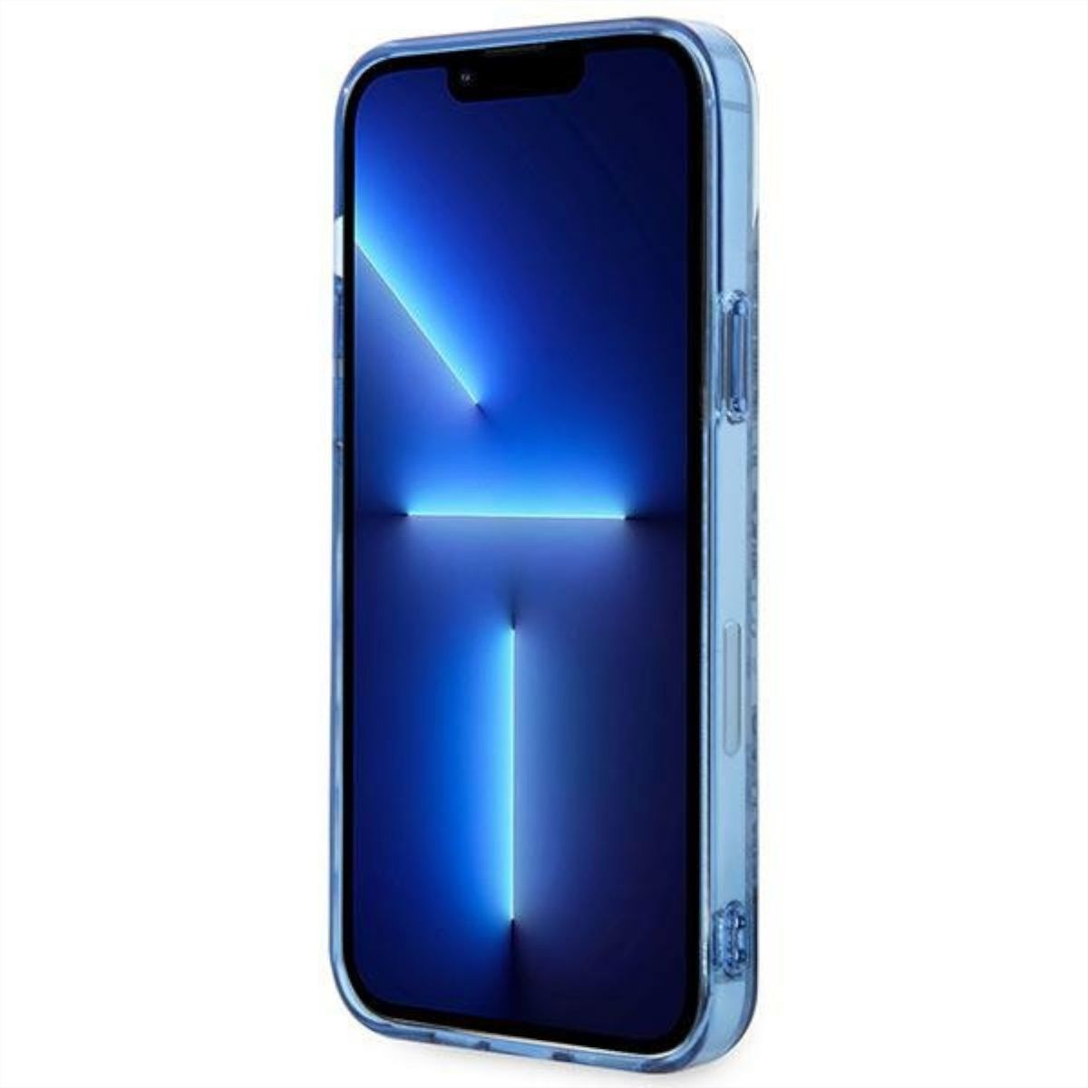 Smartphone blu in una custodia trasparente. Lo schermo è acceso, che mostra luce blu. La custodia ha una tinta blu.