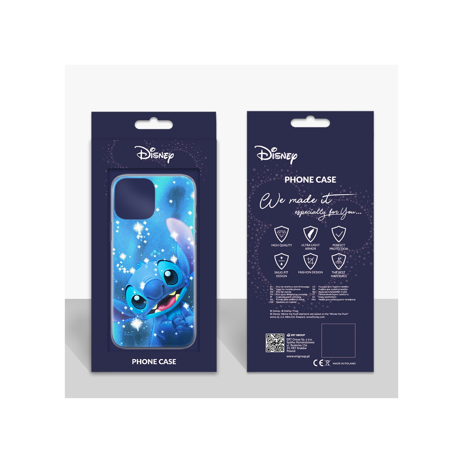 Telefoonhoesverpakking met een Disney-logo en Stitch-ontwerp. Tekst bevat 'PHONE CASE' en ontwerpdetails.