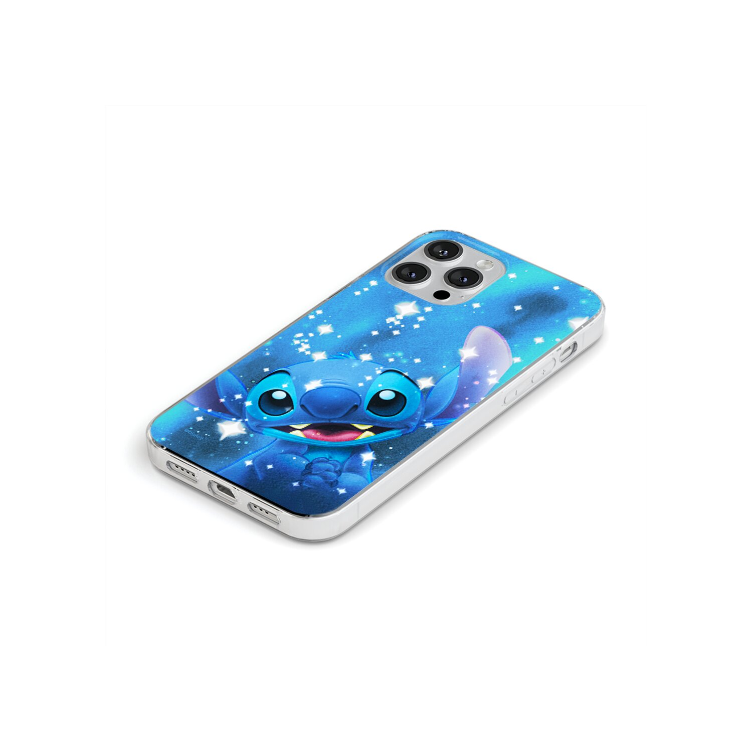 Custodia per telefono con design Stitch. Sfondo blu con stelle. Viso di Stitch visibile.