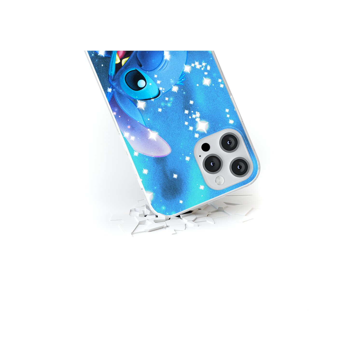 Una custodia per telefono con design Stitch, blu, su sfondo bianco, angolata, con superficie rotta.