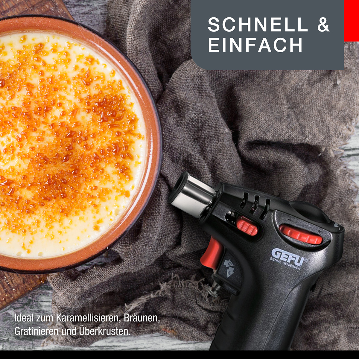 Eine Schüssel mit karamellisiertem Zucker und ein schwarzer Brenner. Der Text lautet: SCHNELL & EINFACH.