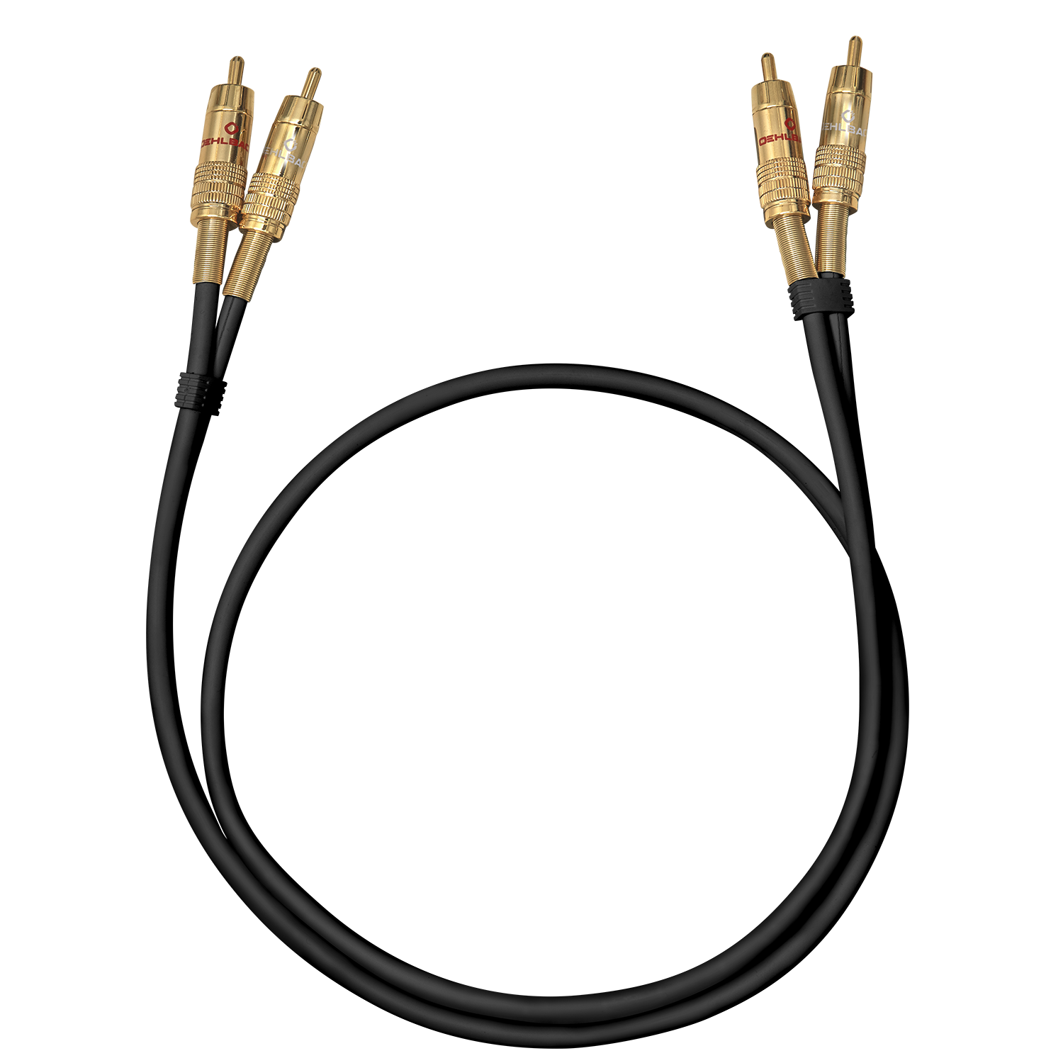 Zwei vergoldete RCA-Audiokabel mit schwarzem Kabel, auf schwarzem Hintergrund.