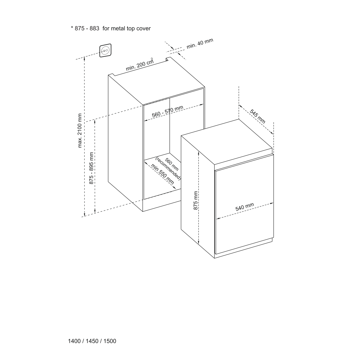 Diagramme montrant les dimensions de deux armoires blanches avec mesures et étiquettes.