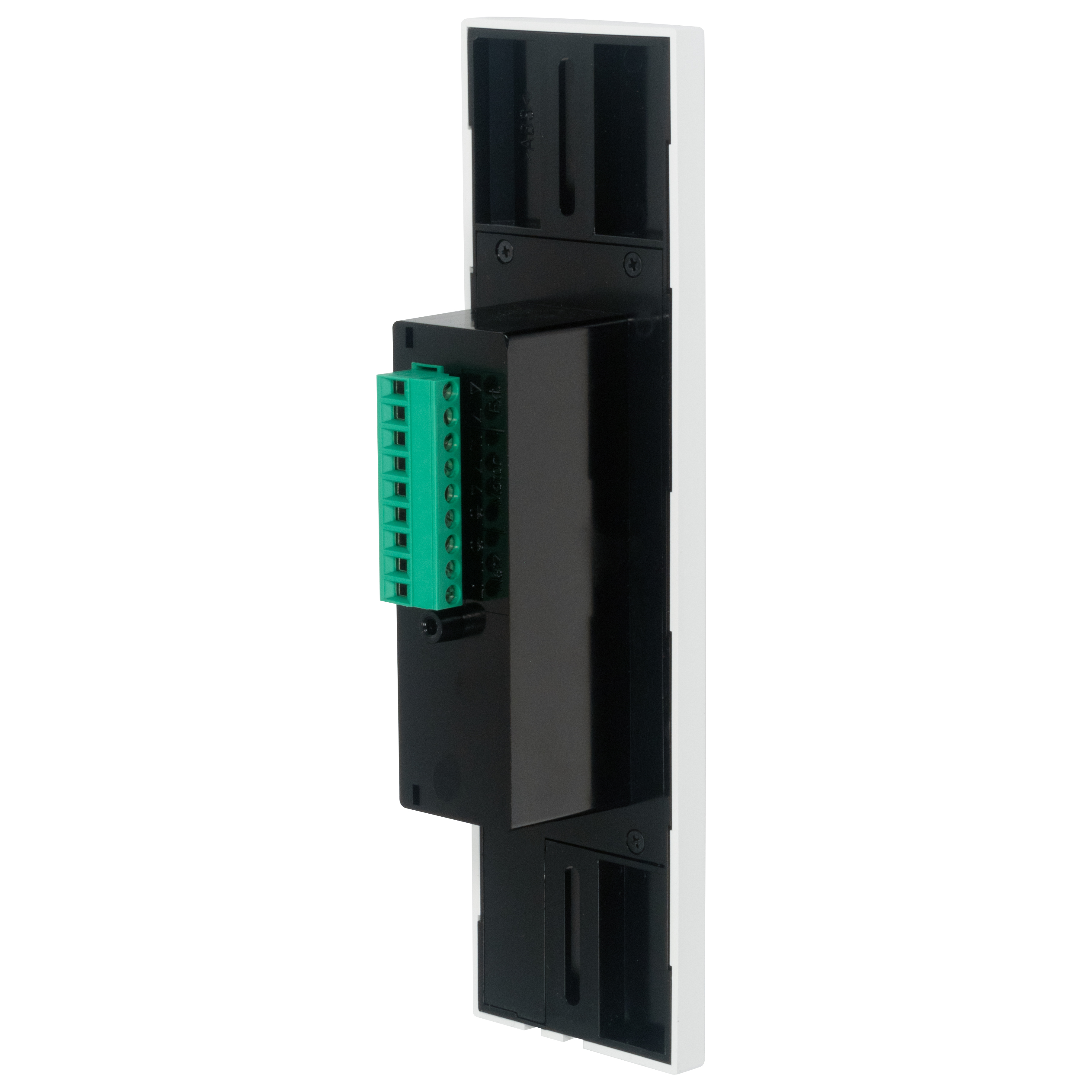 Ein weißes elektrisches Bauteil mit grünem Stecker und schwarzem Gehäuse.