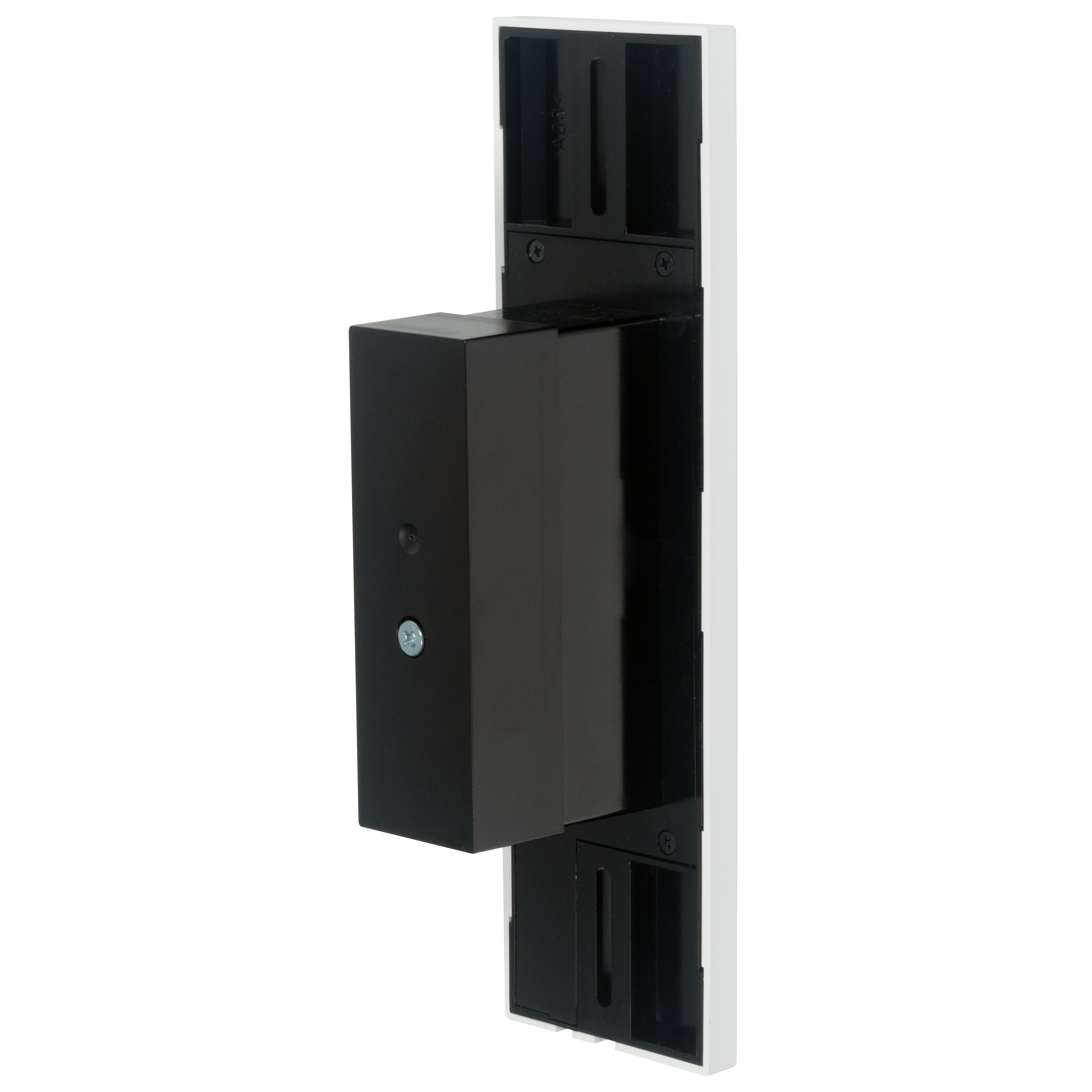 Ein schwarzes elektronisches Gerät, das auf einer weißen Oberfläche montiert ist. Es hat eine schwarze rechteckige Box.