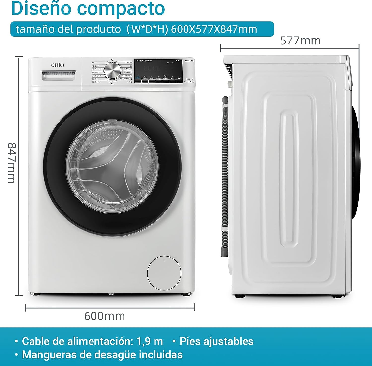 B) Frontlader-Waschmaschine 1400 CFL100-14586IM3XBW U/Min., CHIQ (10 kg,