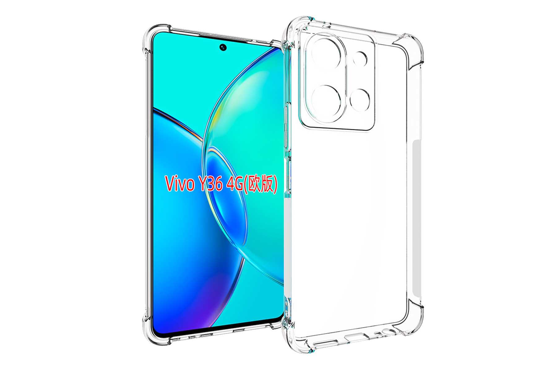 Eine transparente Handyhülle auf einem Telefon mit grünem Bildschirm und dem Text "Vivo Y36 4G".
