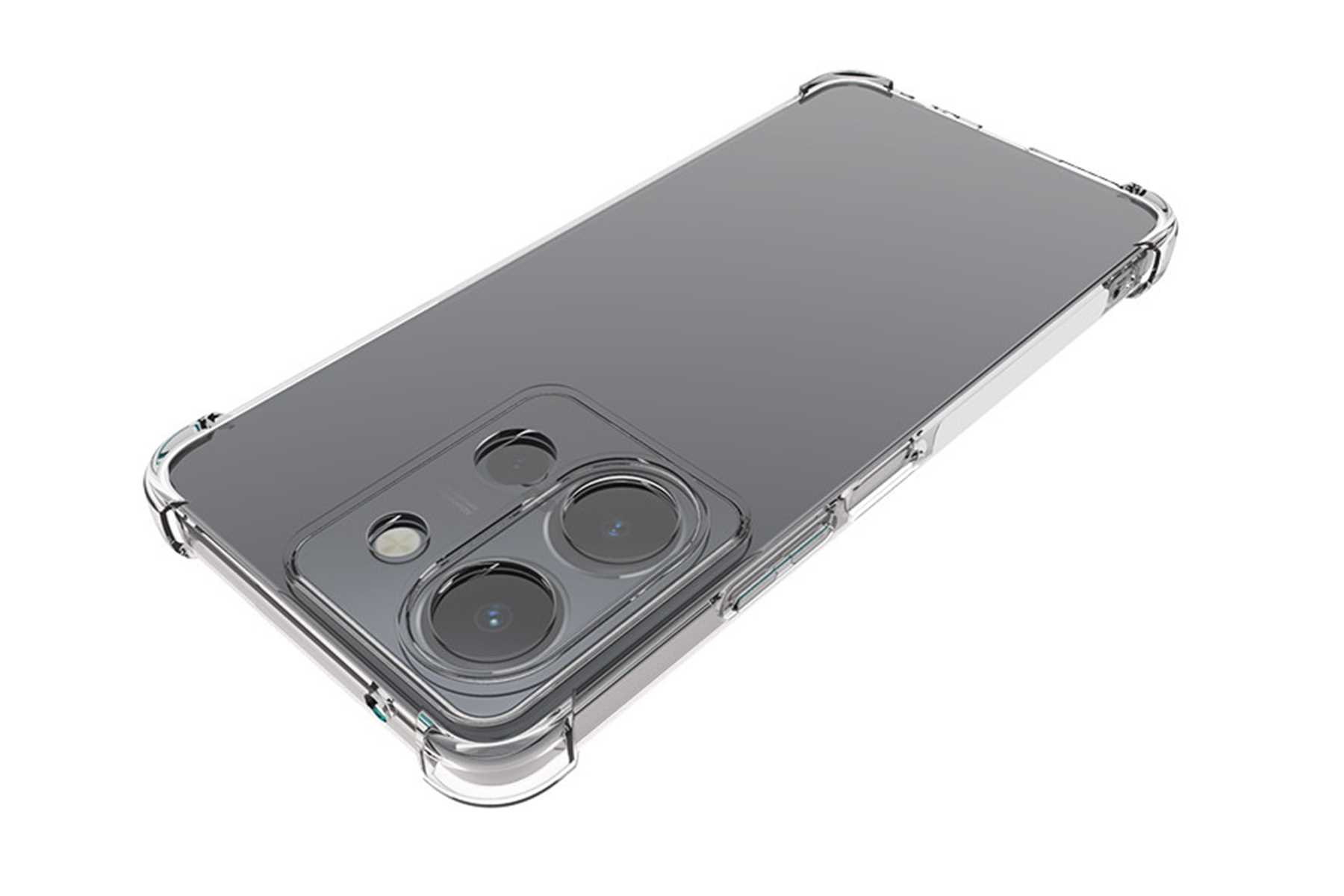 Smartphone in einer transparenten Schutzhülle, mit sichtbaren Kameralinsen.