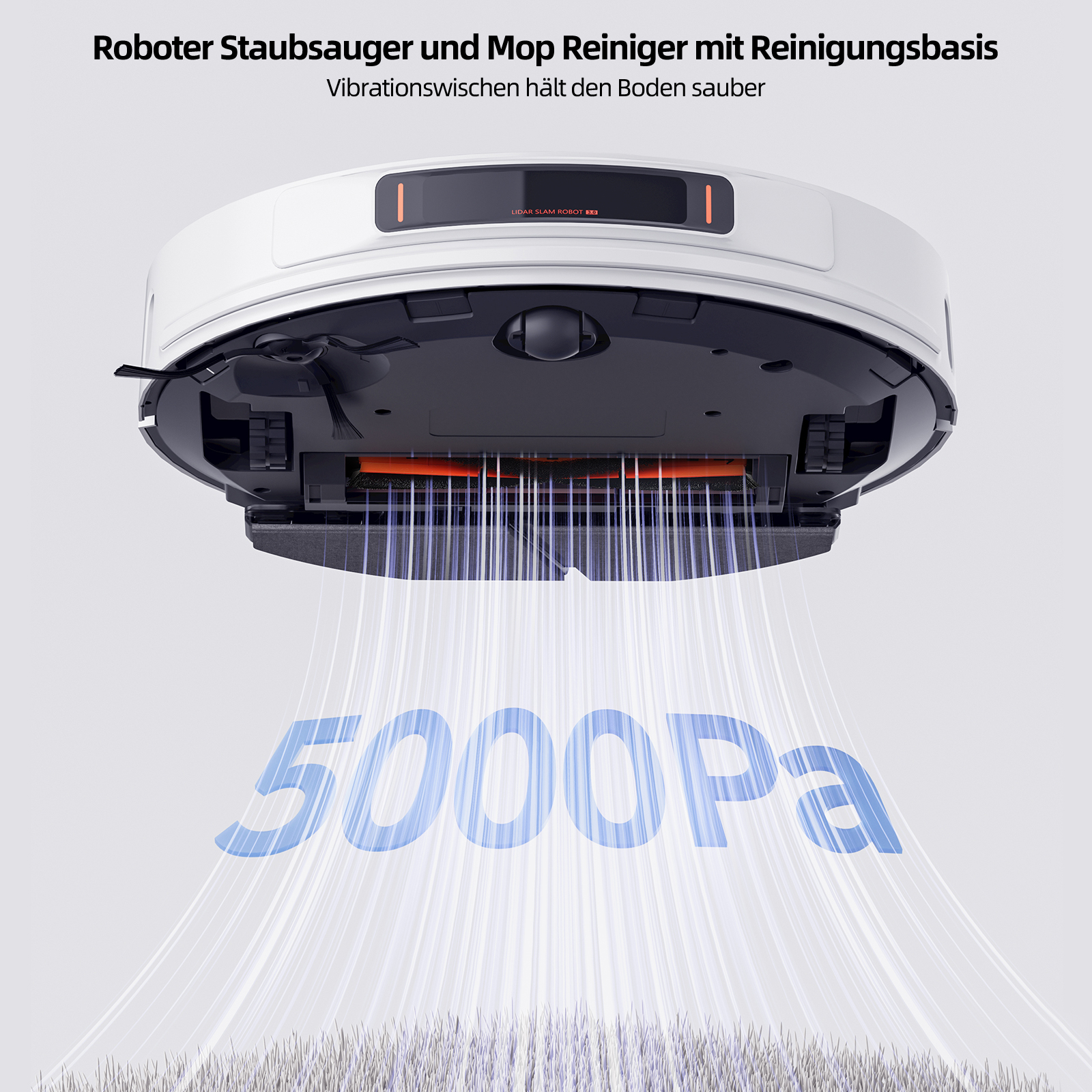 Weißer Roboter-Staubsauger mit 5000Pa, sprüht Luft. Text auf Deutsch.