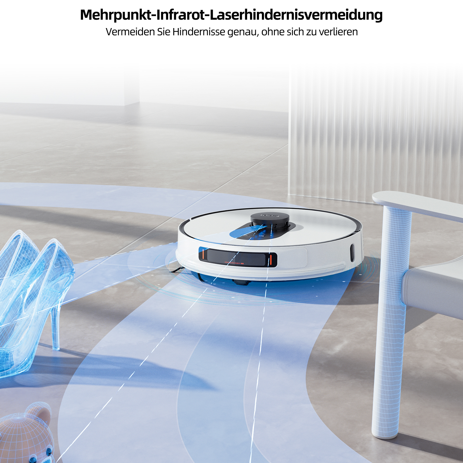 Roboter-Staubsauger mit blauen Lichtstrahlen, der Schuhen und einem Stuhl ausweicht. Grauer Boden.