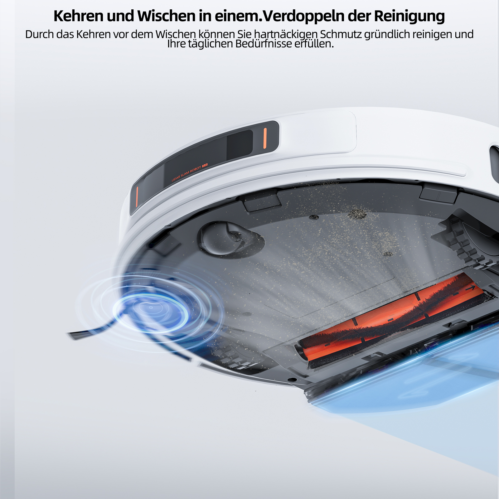 Ein weißer Roboter-Staubsauger wird gezeigt, mit Text: Kehren und Wischen in einem. Der Reiniger hat orangefarbene Bürsten.