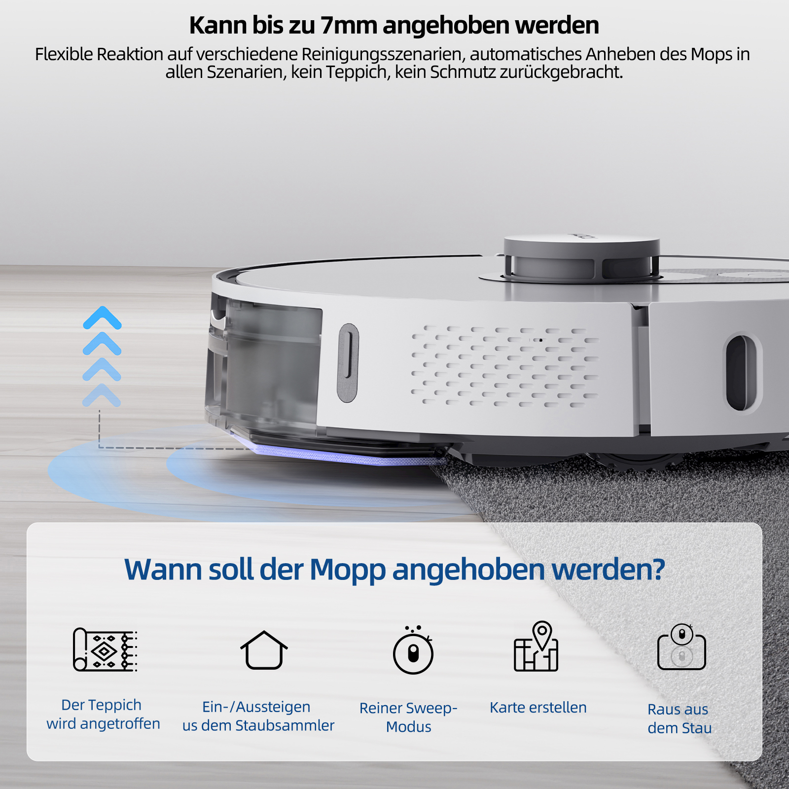 Roboter-Staubsauger mit Text. Zeigt, wo der Mopp angehoben werden soll.