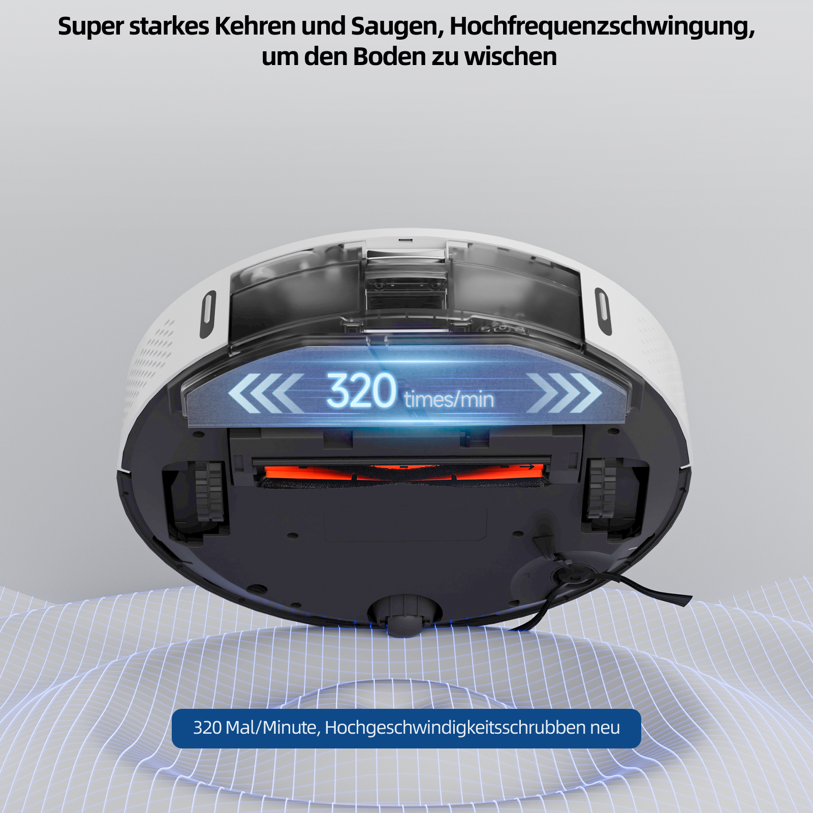 Ein weiß-schwarzer Roboter-Staubsauger mit Text auf Deutsch.