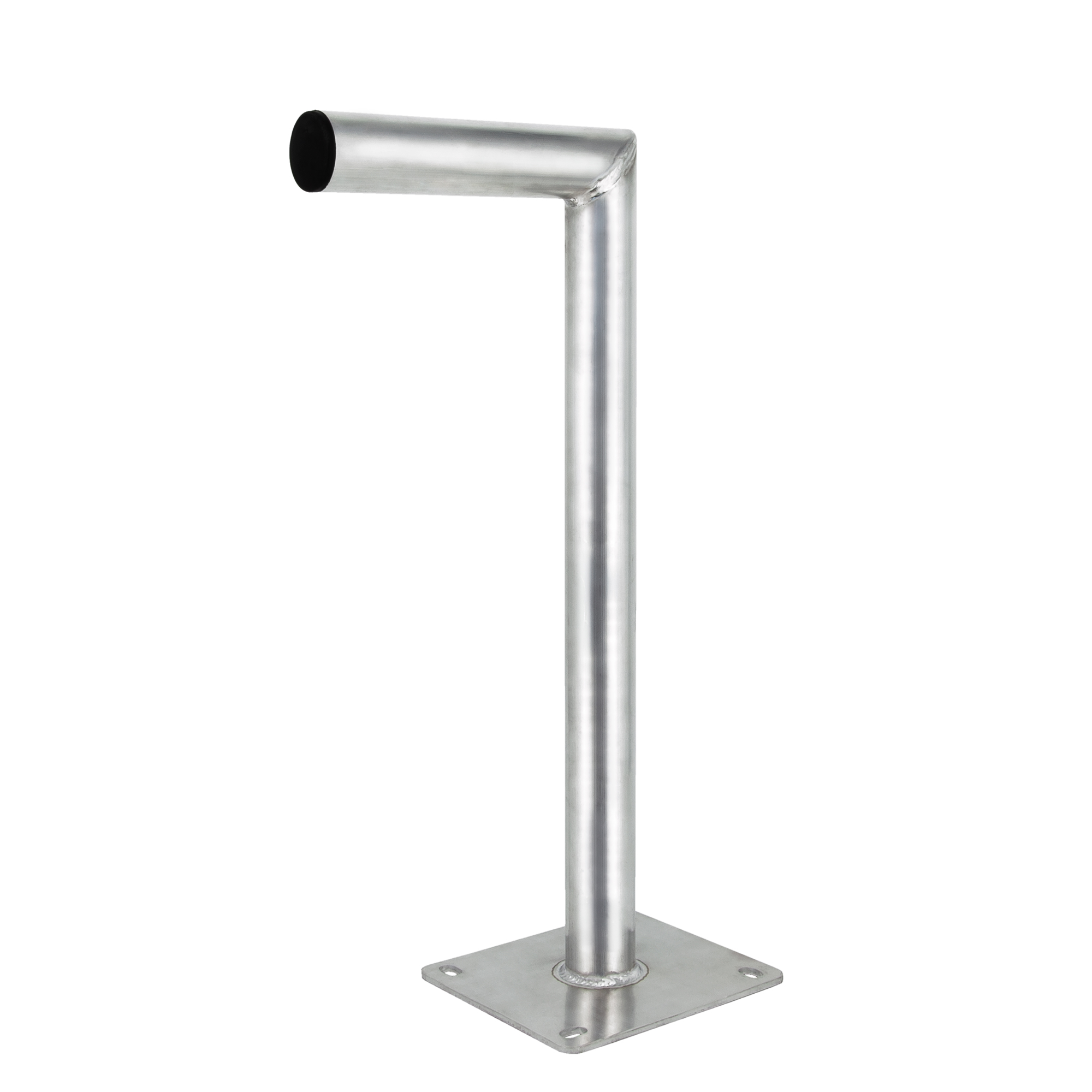 Eine metallene L-förmige Stange, die an einer quadratischen Metallbasis befestigt ist. Der Pfosten wird vor weißem Hintergrund betrachtet.
