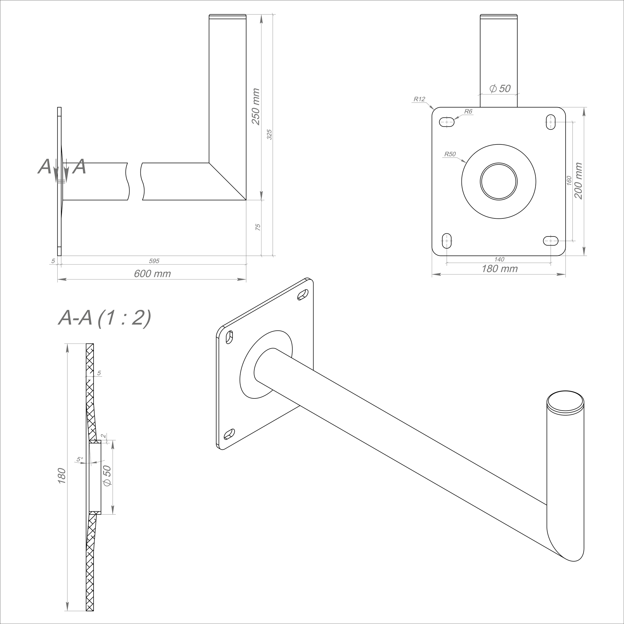 Technische Zeichnung einer Halterung mit Maßen und Details aus verschiedenen Winkeln.