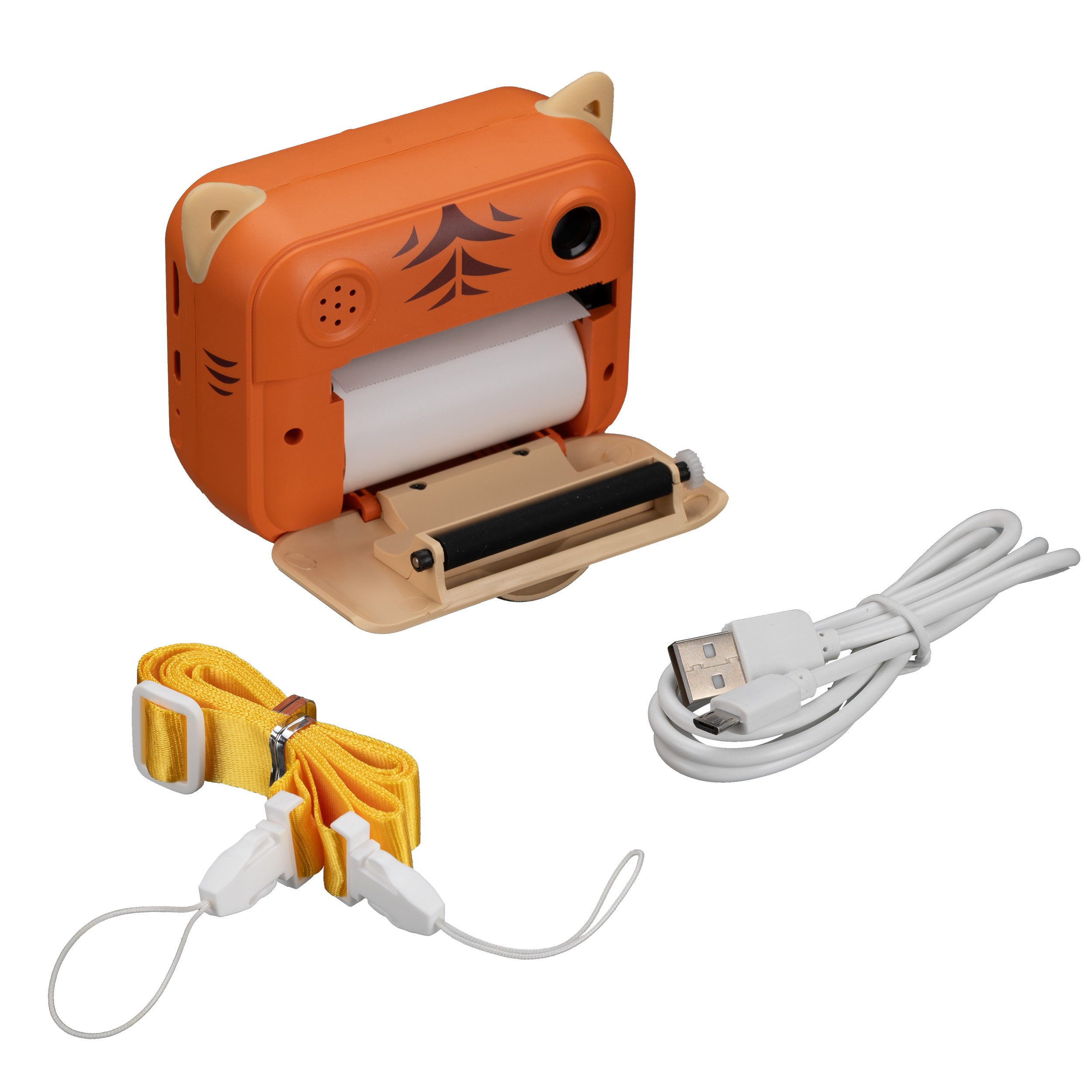 Una cámara naranja con forma de tigre, una correa amarilla y un cable USB blanco.