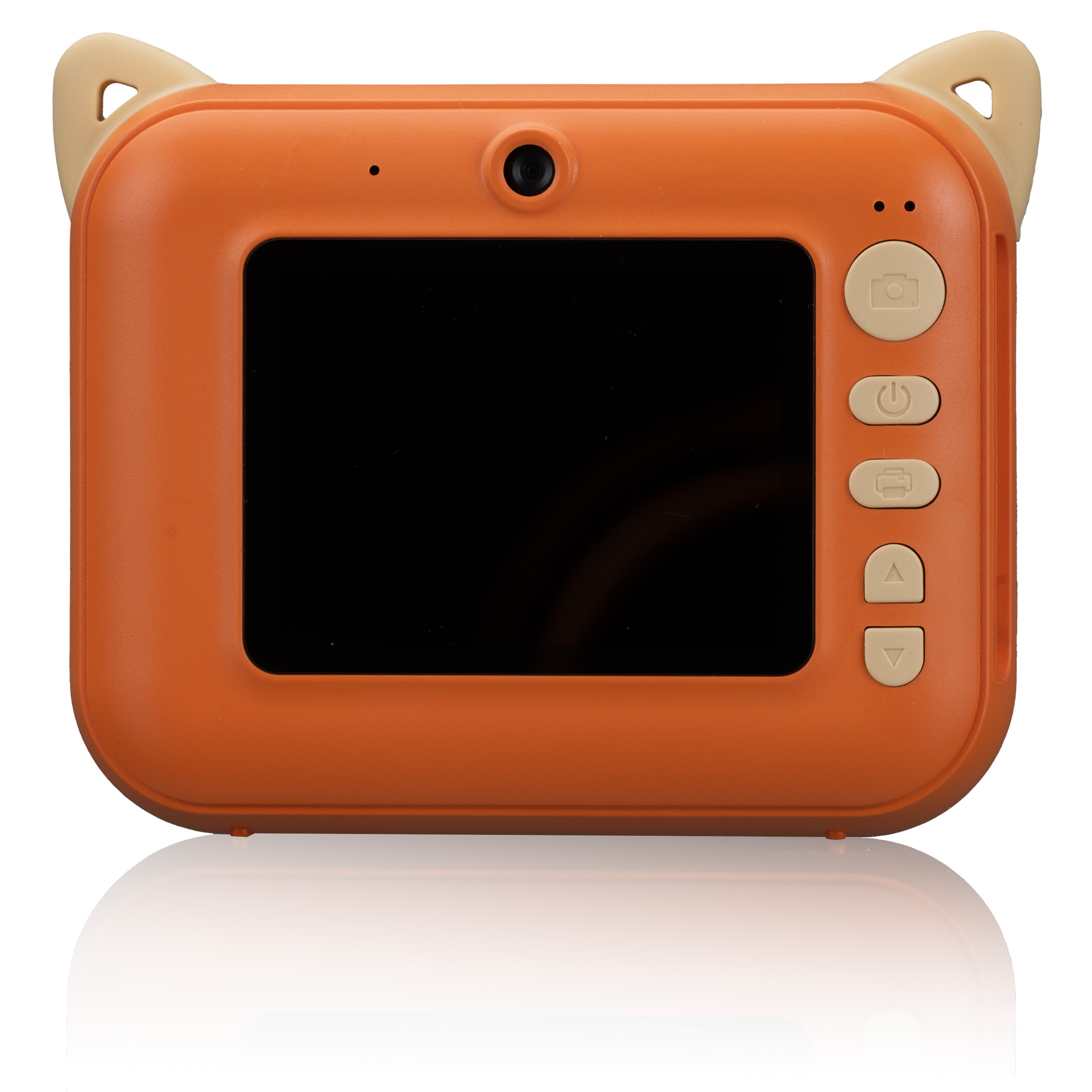 Cámara infantil naranja y beige con pantalla negra, botones y orejas. La cámara está sobre una superficie blanca.