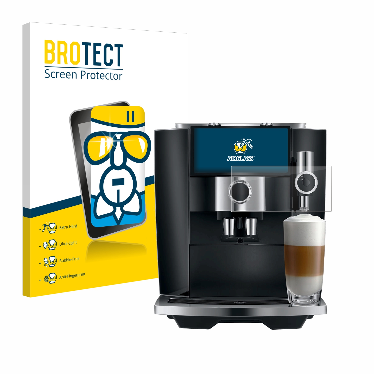 Kaffeemaschine und Displayschutzbox. Maschine ist schwarz, Box ist weiß mit gelb und blau.