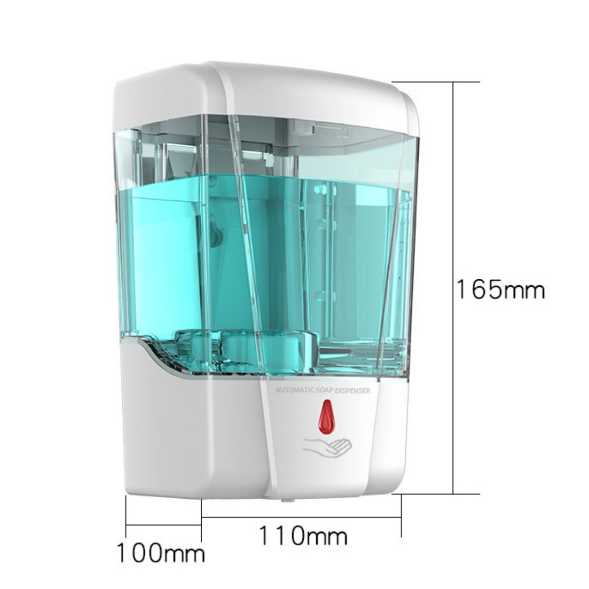 Ein automatischer Seifenspender, weiß und transparent, mit Maßen und der Aufschrift 'Automatic Soap Dispenser'.
