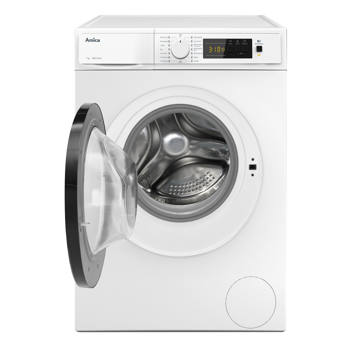 Weiße Waschmaschine mit offener Tür, die die innere Trommel zeigt.