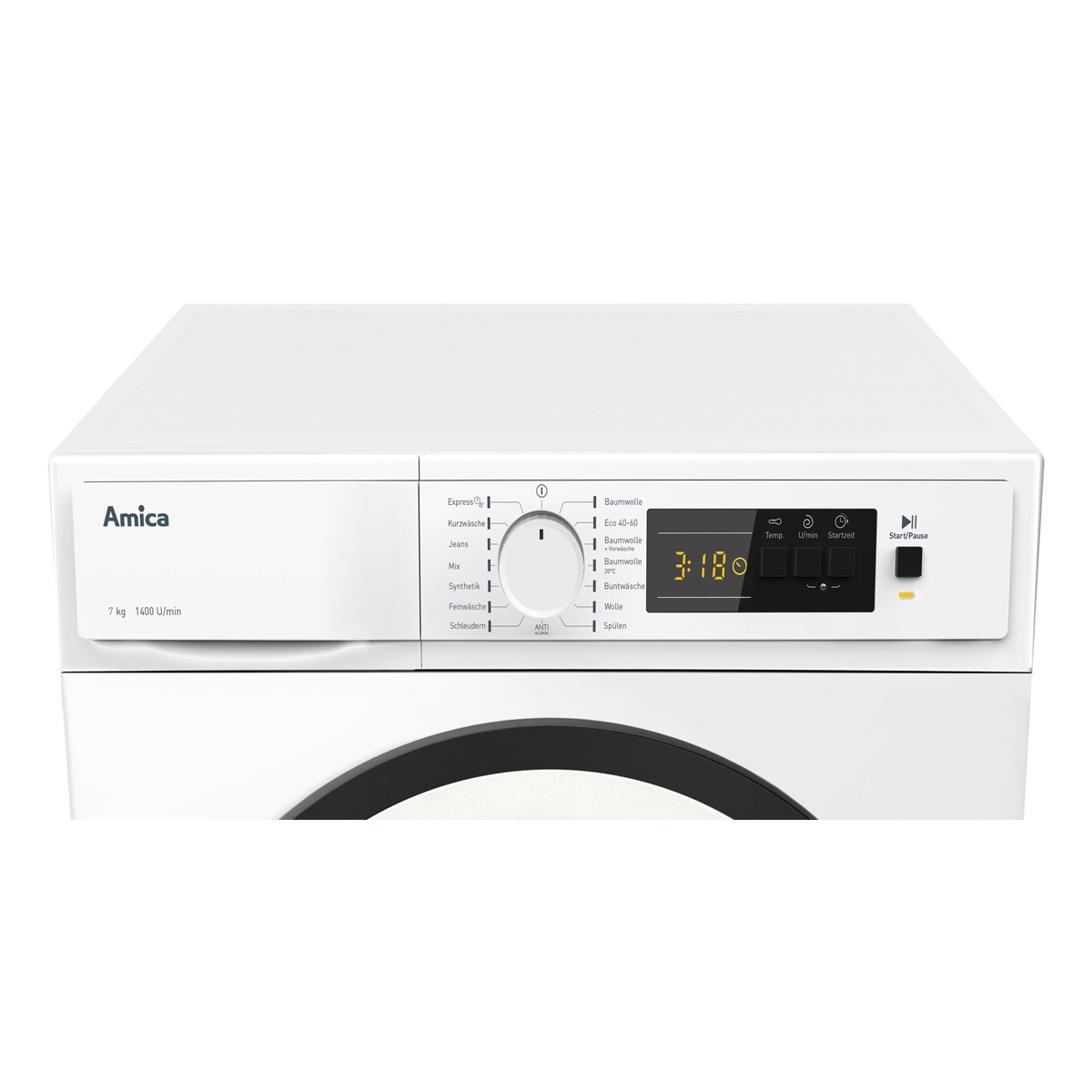 Weiße Waschmaschine mit Digitalanzeige 3:18. Marke Amica.