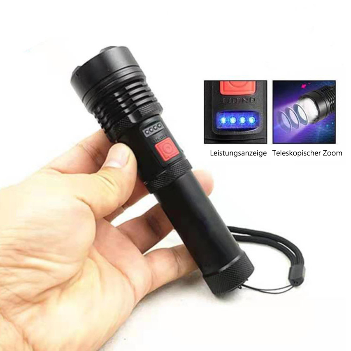 Schwarze Taschenlampe mit roter Taste. Einblendungen zeigen das Licht an und die Leistungsanzeige.