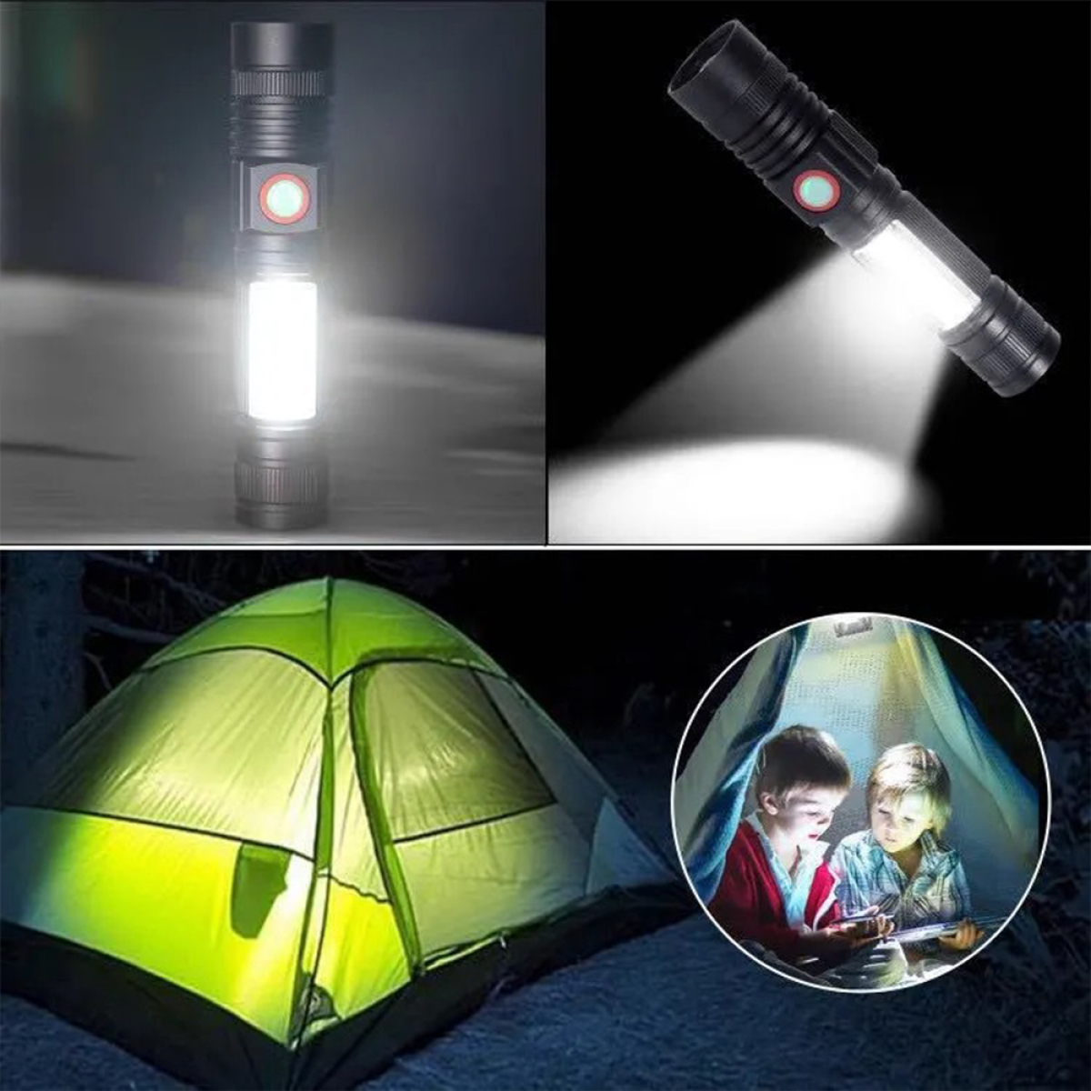 Collage: Taschenlampe beleuchtet Zelt, in dem zwei Kinder mit einer Taschenlampe lesen. Dunkler Hintergrund.