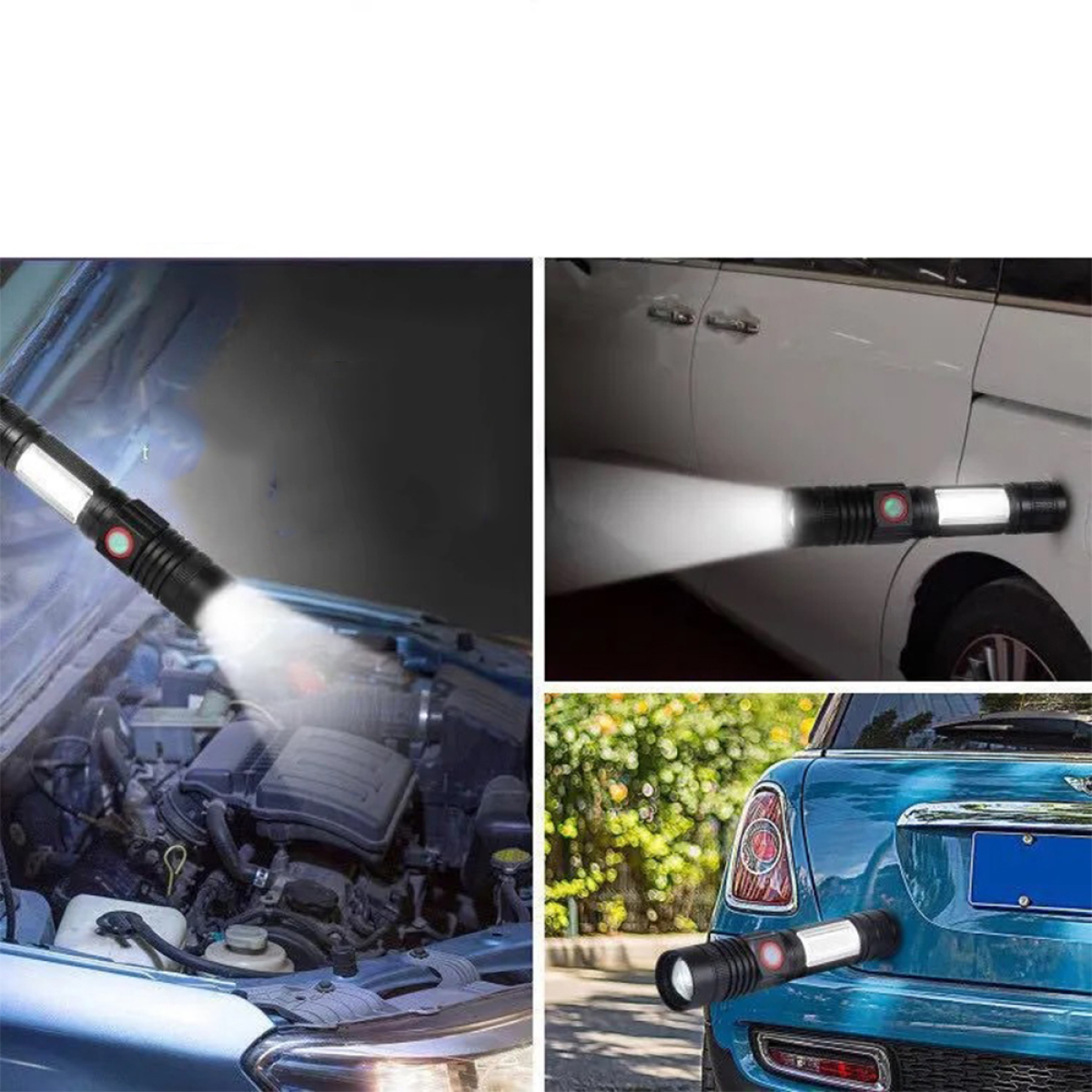 Eine Taschenlampe, die in verschiedenen Situationen verwendet wird, einschließlich des Scheinens auf einen Motor.