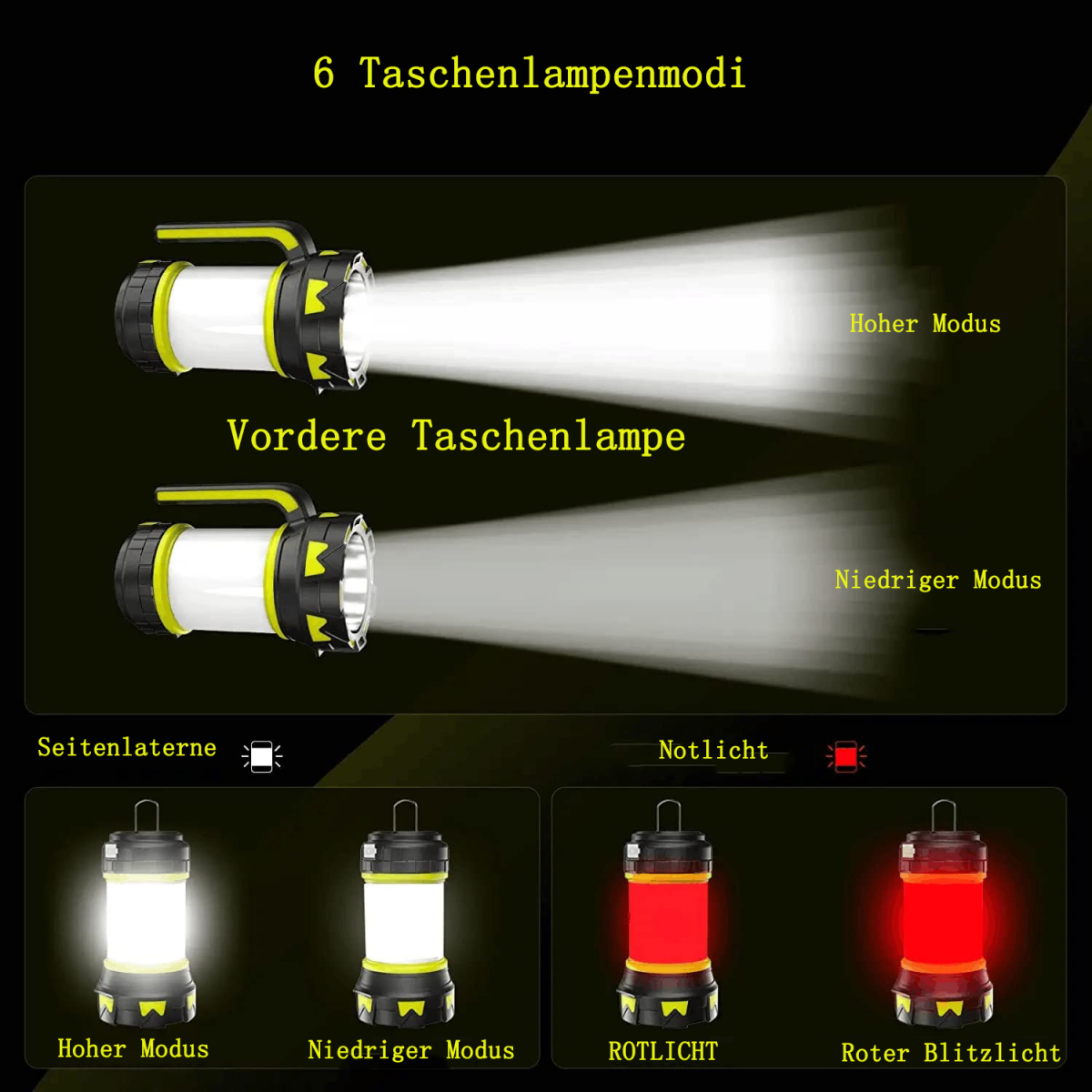 Eine Taschenlampe mit verschiedenen Modi, einschließlich einer Seitenlaterne und Notfall-Rotlichtmodi.