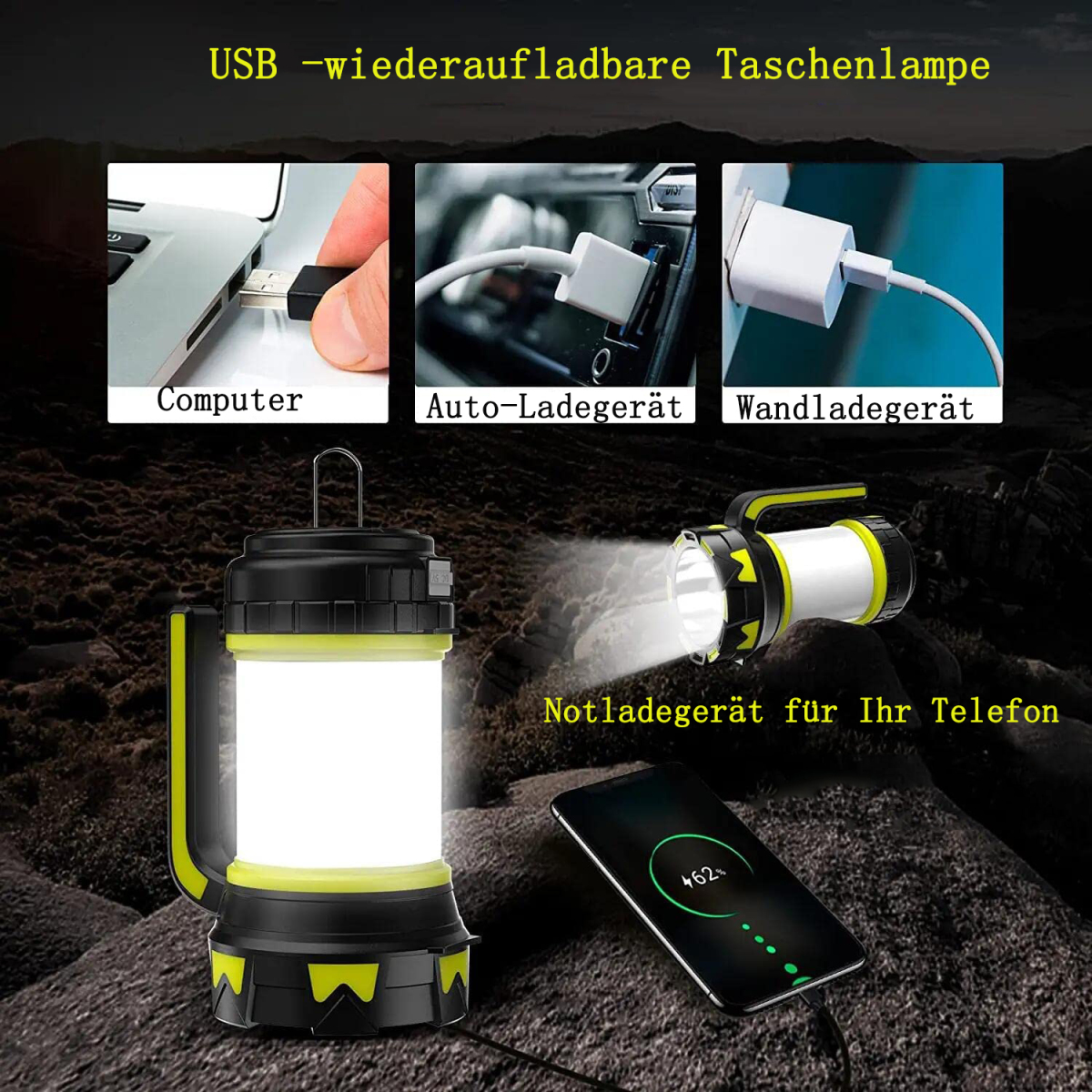 Schwarz-gelbe Taschenlampe mit Ladeoptionen, neben einem ladenden Telefon.