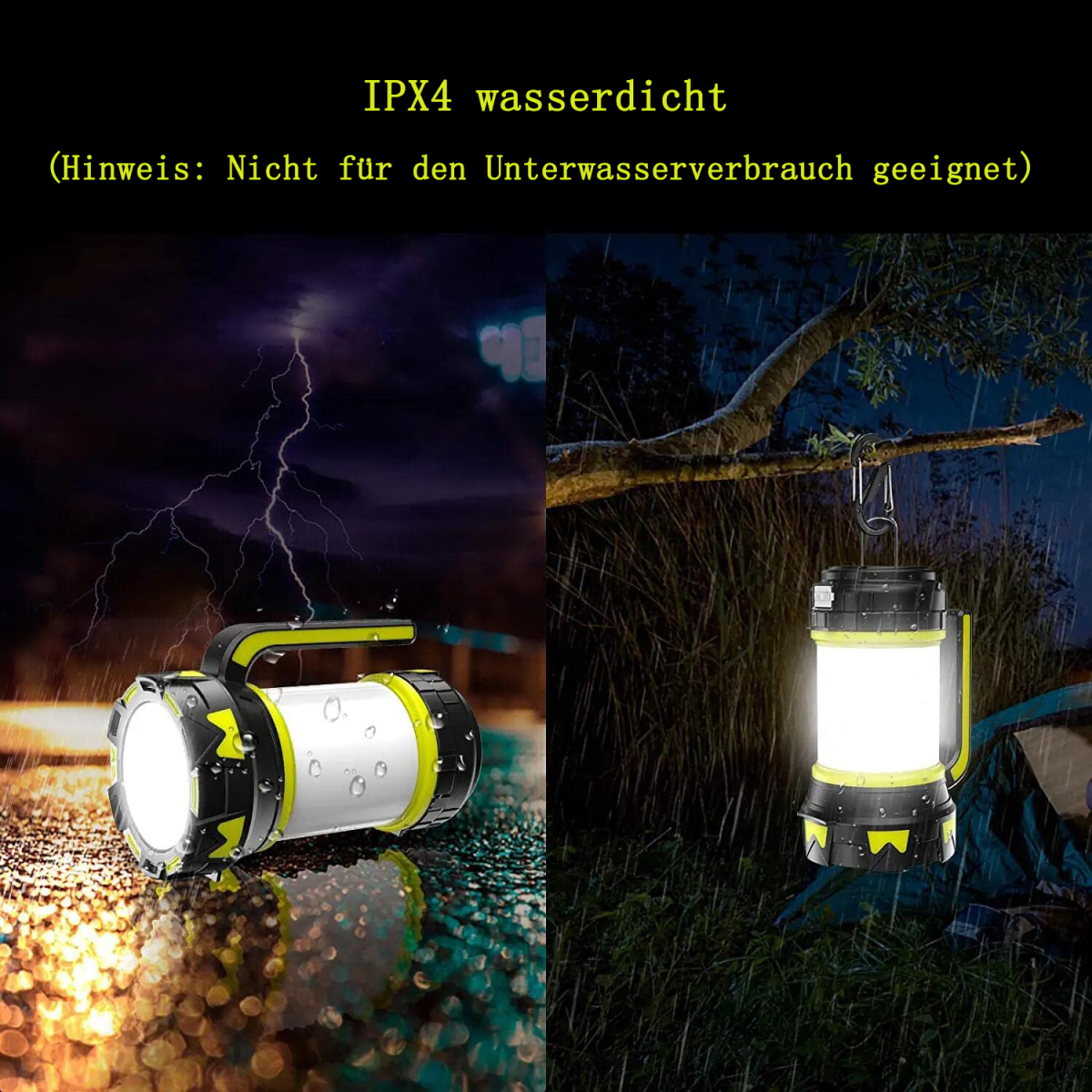 Wasserdichte Taschenlampe im Regen. Eine zeigt sie an, die andere hängt an einem Ast.