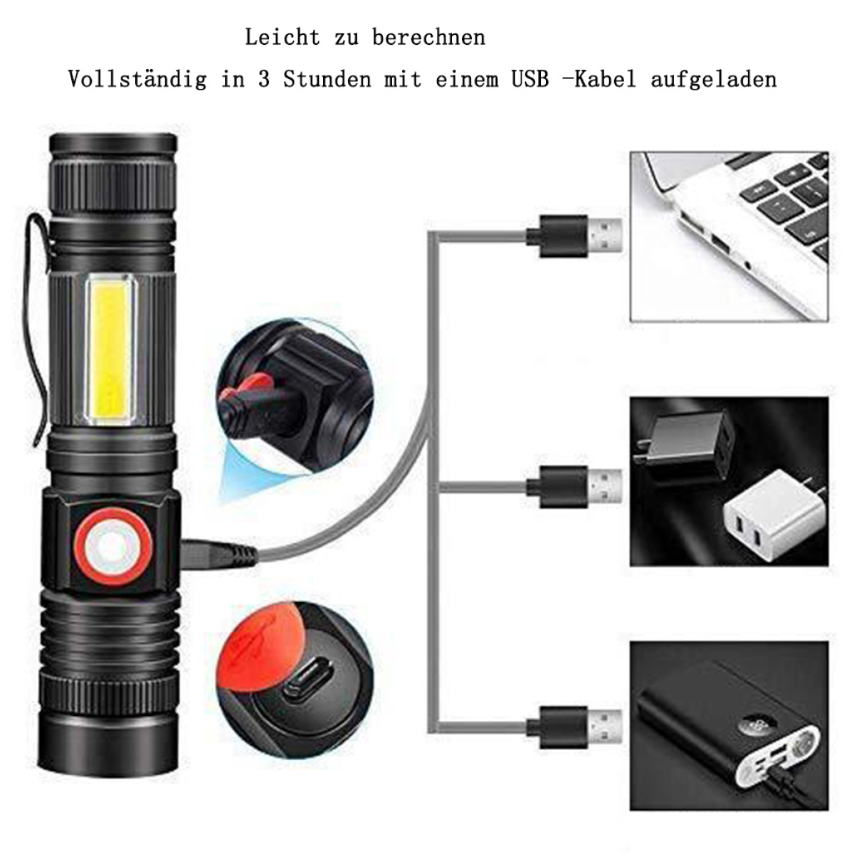 Schwarze Taschenlampe mit Diagrammen zum Aufladen. Enthält USB-Kabel und Ladeadapter.