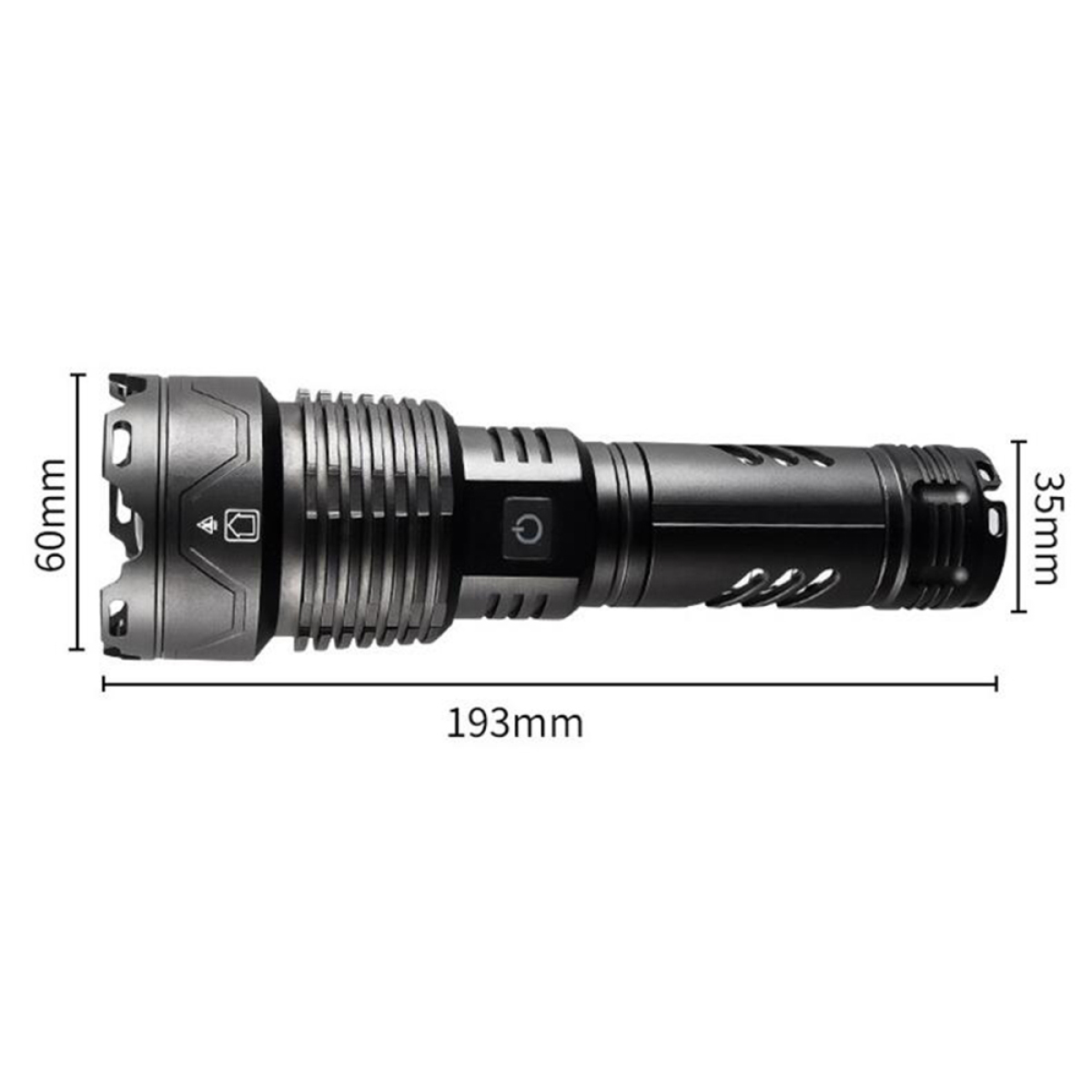 Schwarze Taschenlampe mit Abmessungen. Auf weißem Hintergrund. 60 mm Breite, 193 mm Länge, 35 mm Höhe.