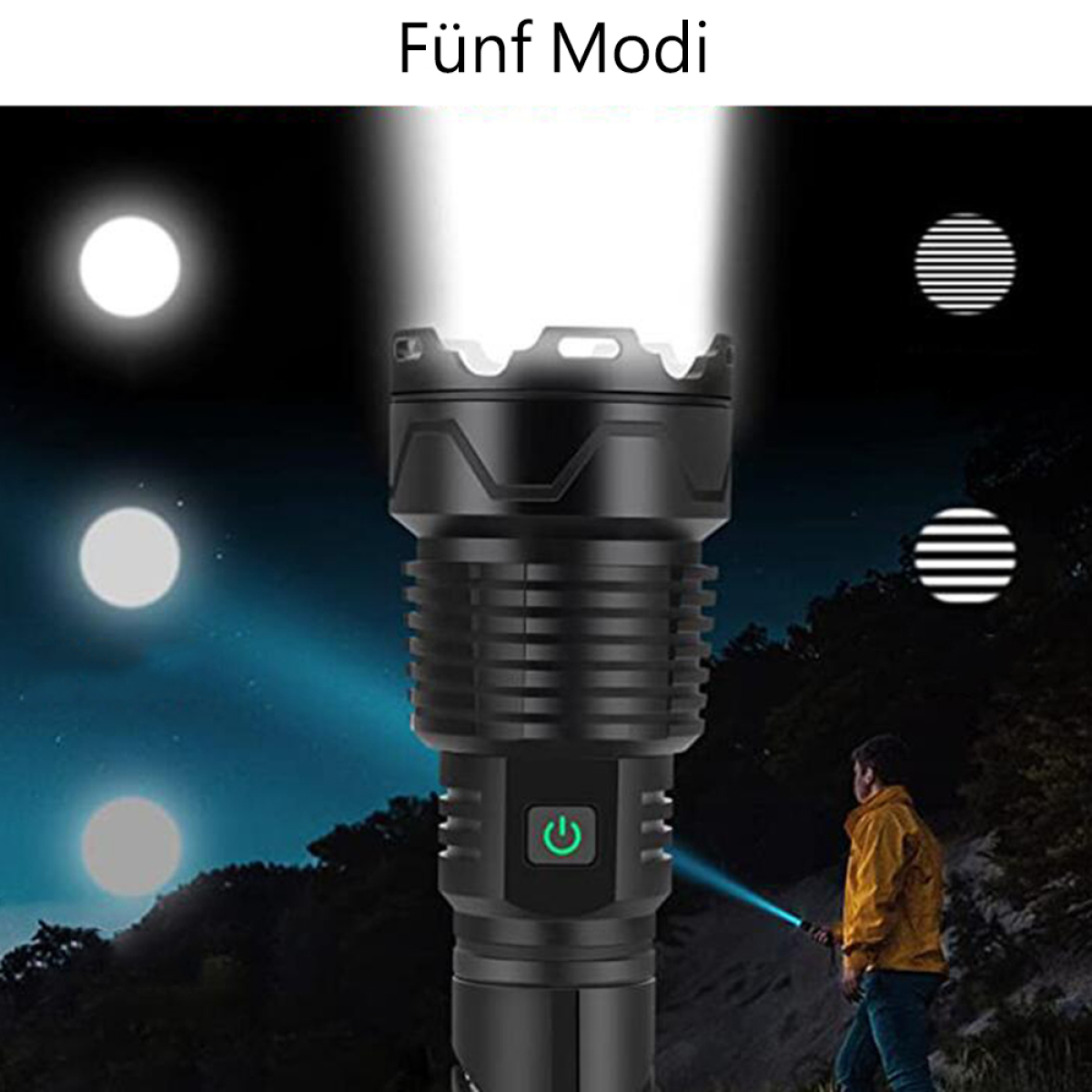 Schwarze Taschenlampe mit hellem Strahl, ein Mann steht im Hintergrund, mit drei kleinen Lichtern und dunklem Himmel.