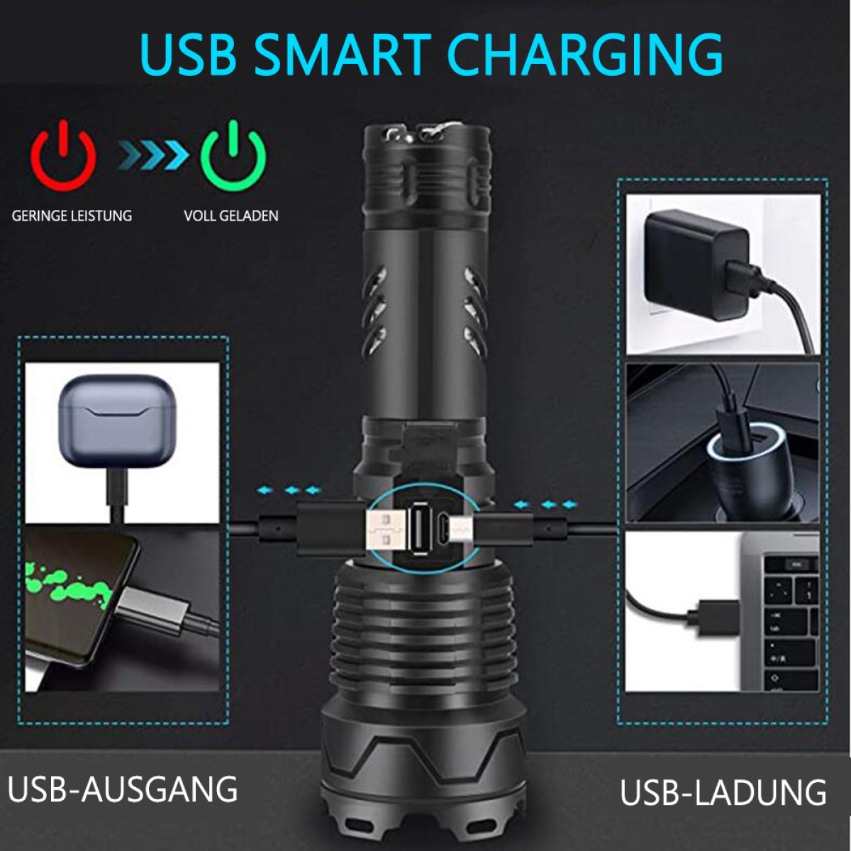 Schwarze Taschenlampe mit USB-Lade- und USB-Ausgang, mit Bildern, die verschiedene Ladeoptionen und Geräte zeigen.