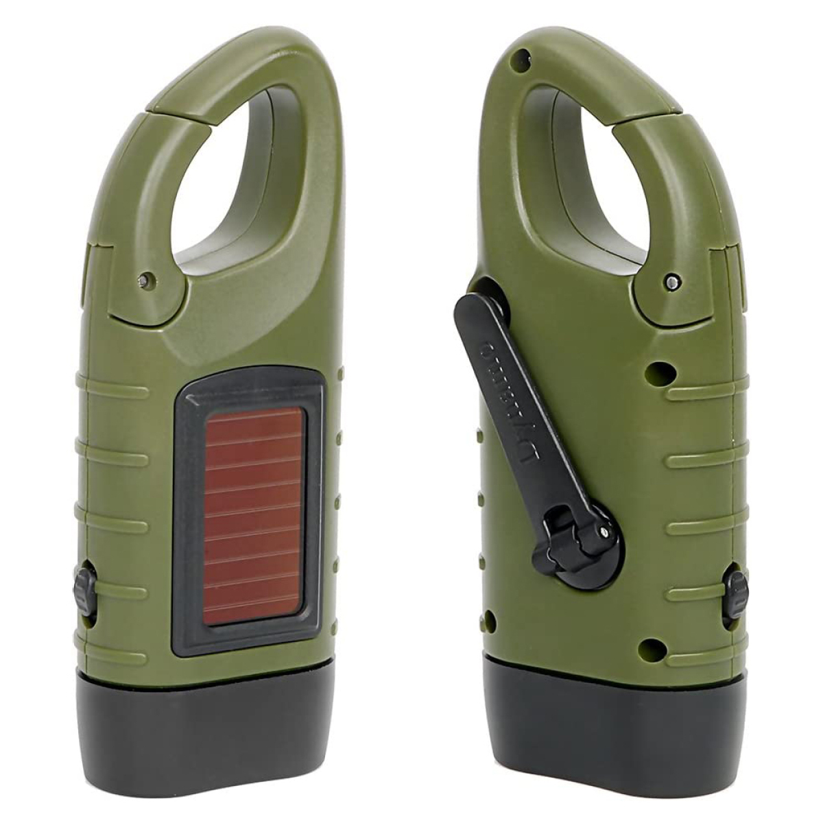 Zwei grüne, handkurbelbetriebene Taschenlampen, eine mit Solarpanel. Schwarze Kurbel an der Seite.
