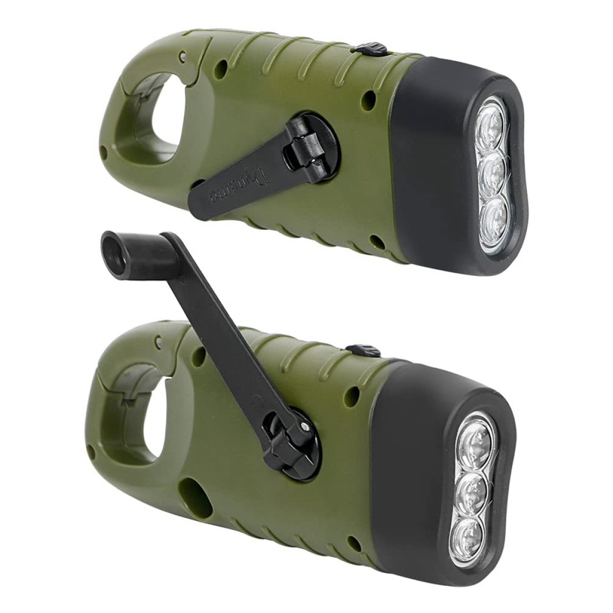 Grüne Taschenlampe mit Griff und schwarzer Kurbel. Drei helle Lichter am Ende.